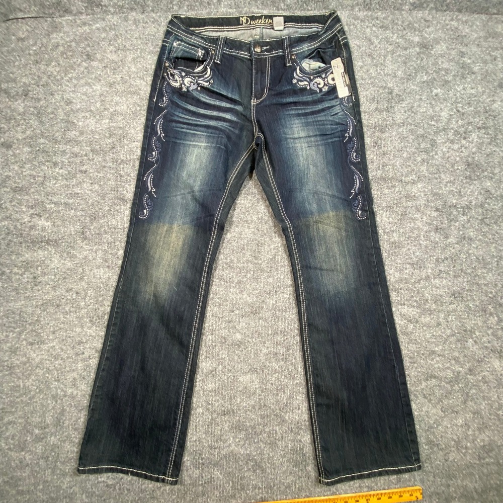 New Directions Weekend‎ Womens Embroidered Rhinestone Bootcut Jeans Dark Blue 12